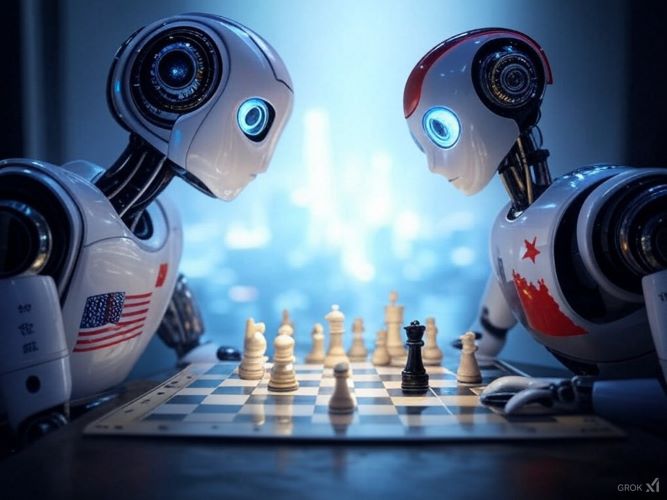 Robots futuristes American et Chinois jouant aux échecs, exposant leur rivalité technologique